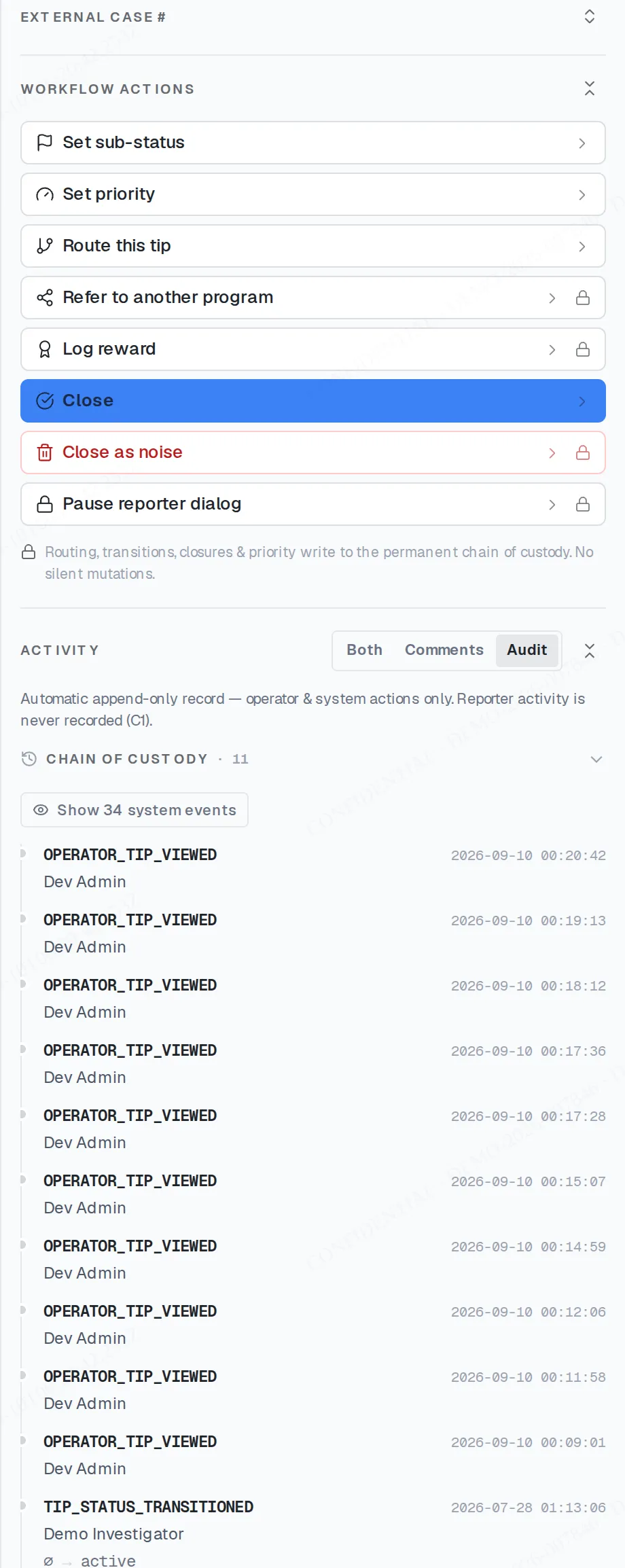 The Audit tab of a tip: the chain of custody listing each time the tip was opened, by whom, and when.