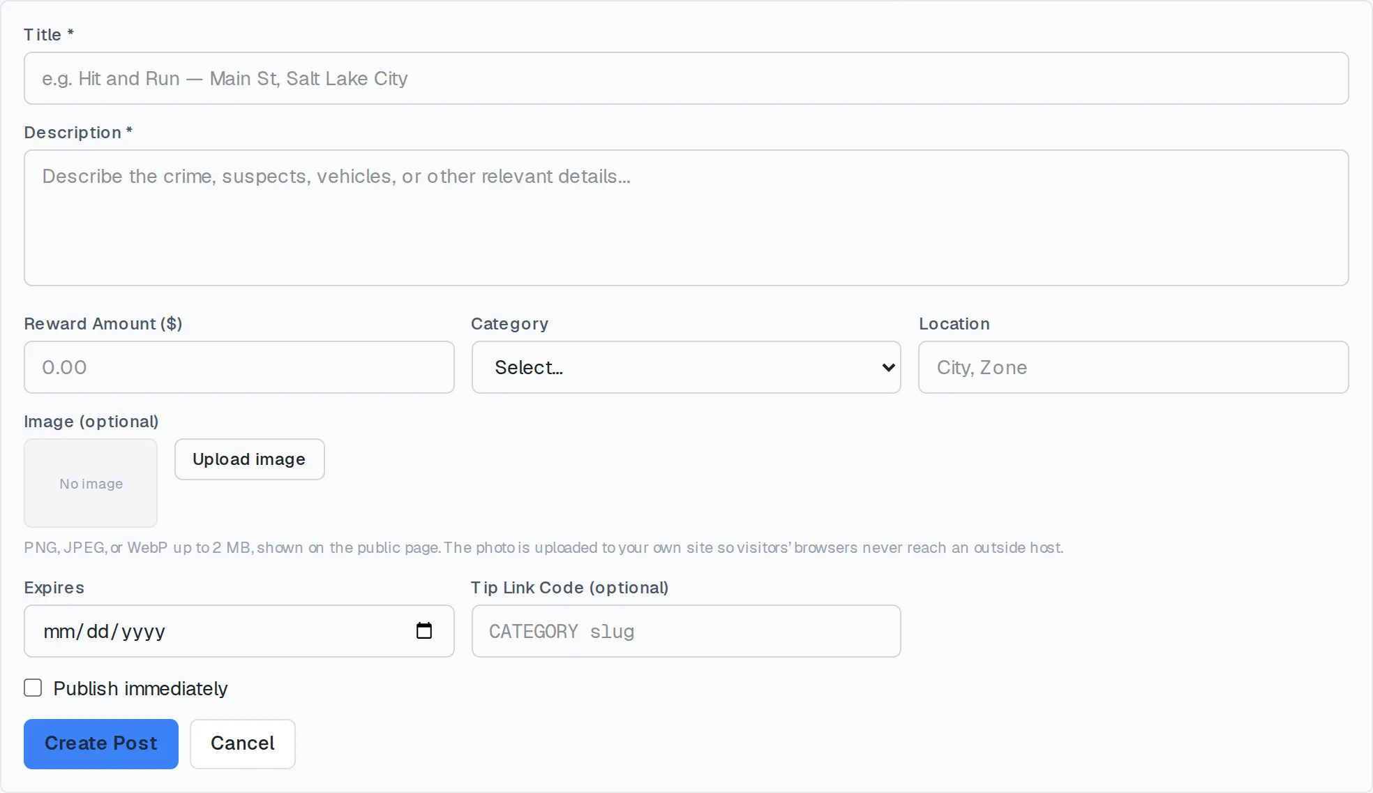 The Crime of the Week form: title, description, reward amount, category, location, image, expiry, and publish option.