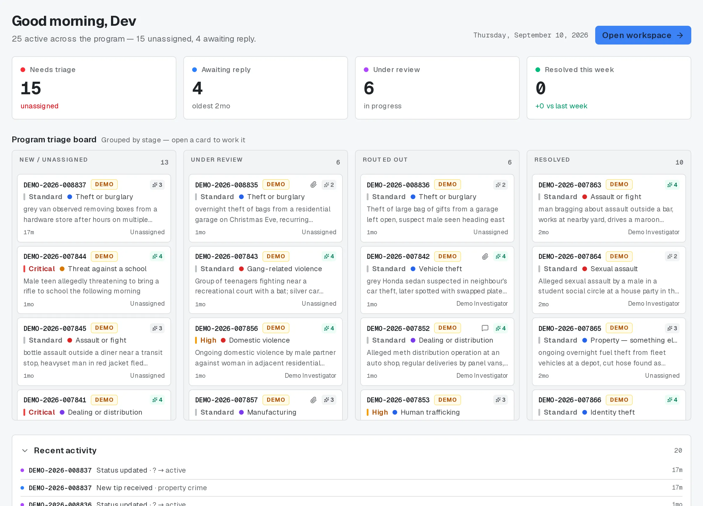 The Home dashboard: four tiles, the triage board grouped by stage, and recent activity.