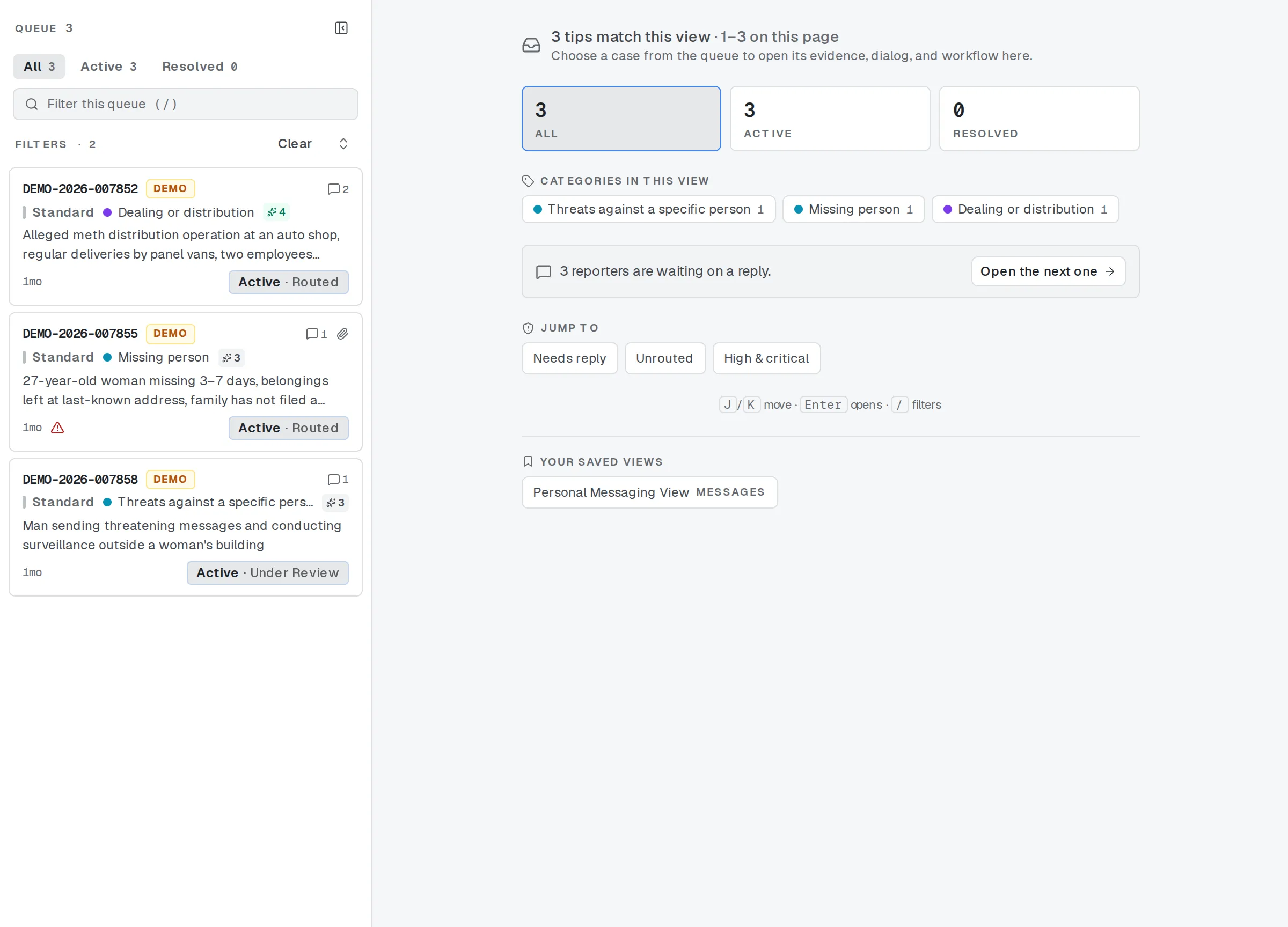 The Messages screen listing threads with new reporter replies.