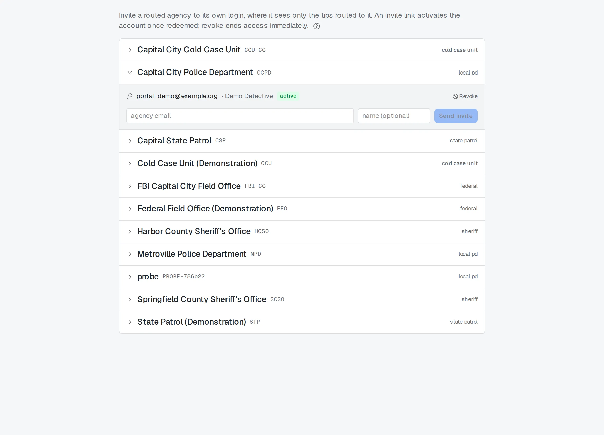 Recipient Access: an agency selected, with the invite form and its portal logins.