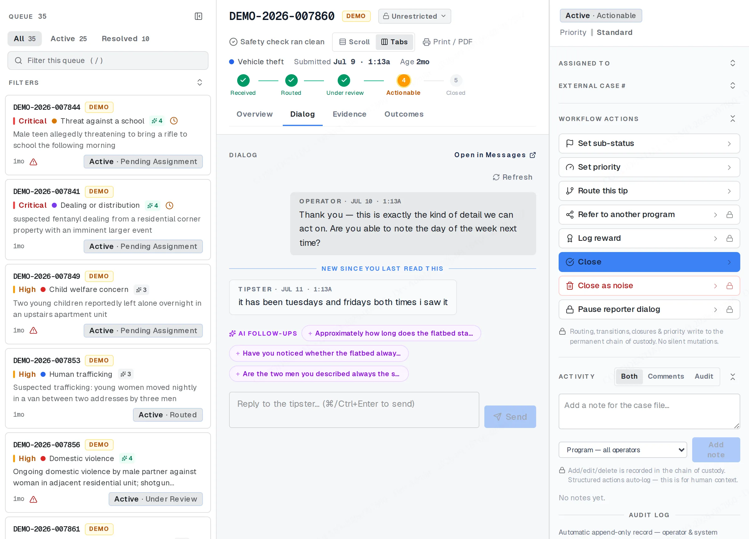 The Dialog tab of a tip: the operator message, the reporter reply, and suggested follow-ups.