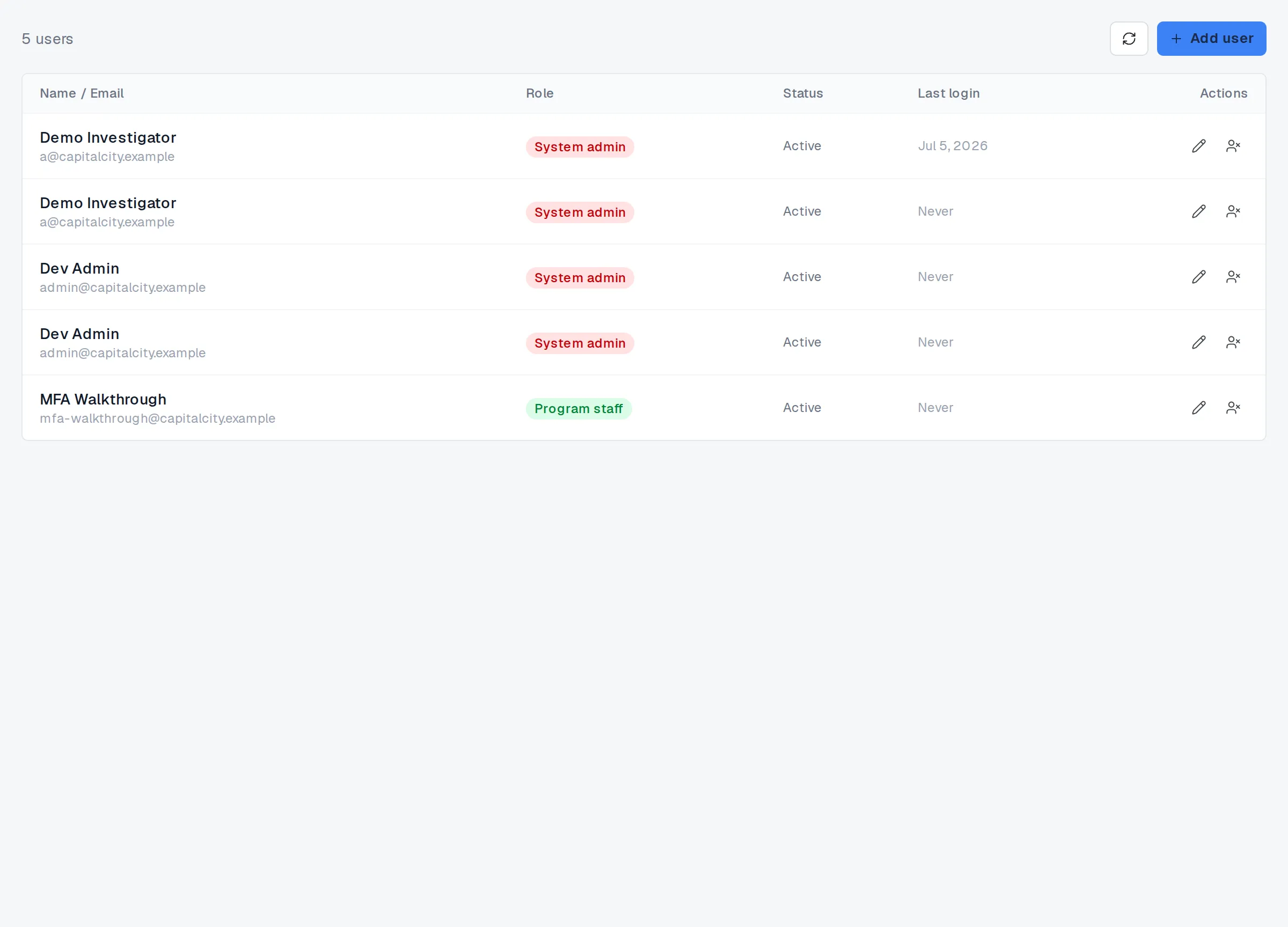 The Users screen with the Add user button.